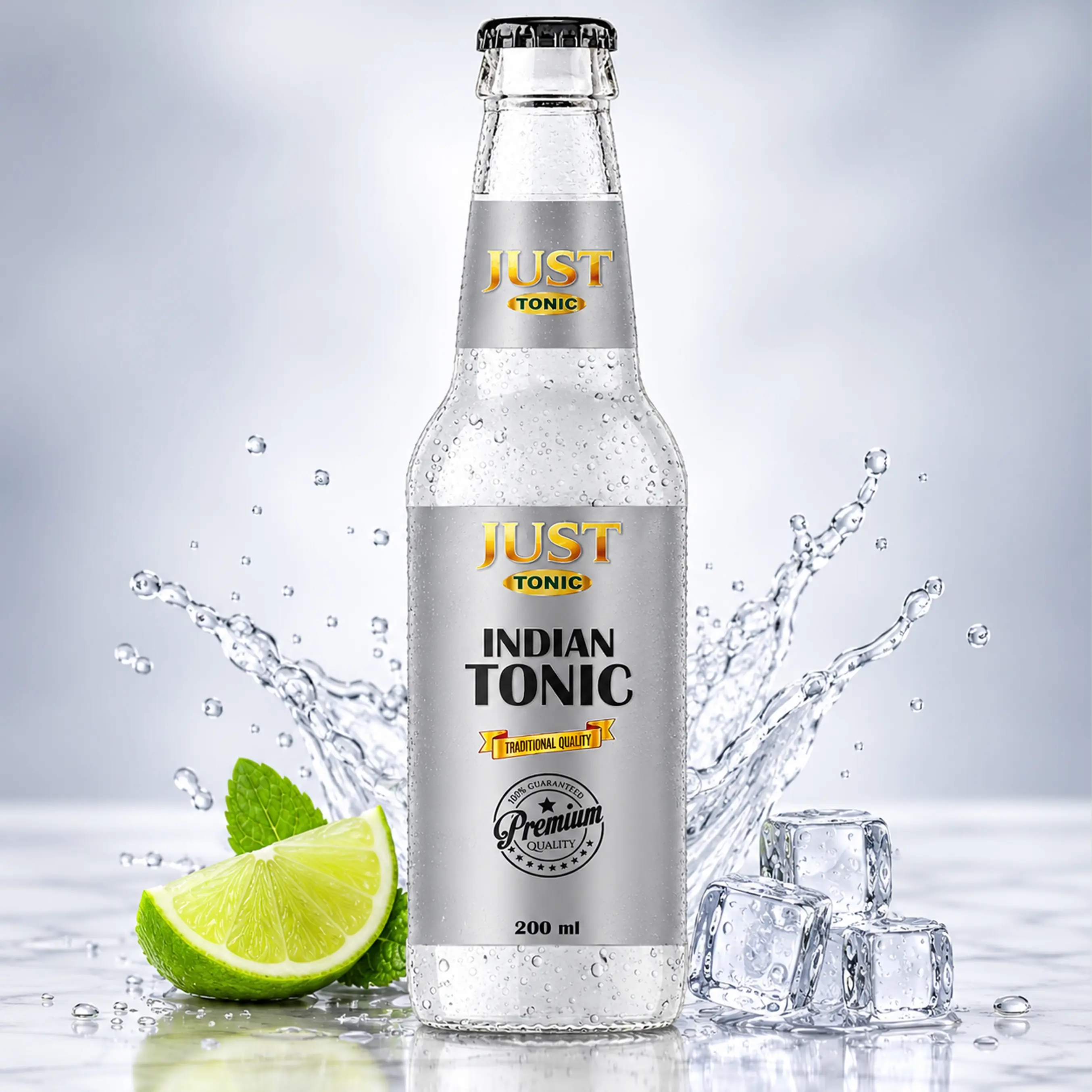 JUST Tonic Indian Tonic 200ml glass bottle with lime, mint leaves, ice cubes, condensation, and refreshing water splashes.